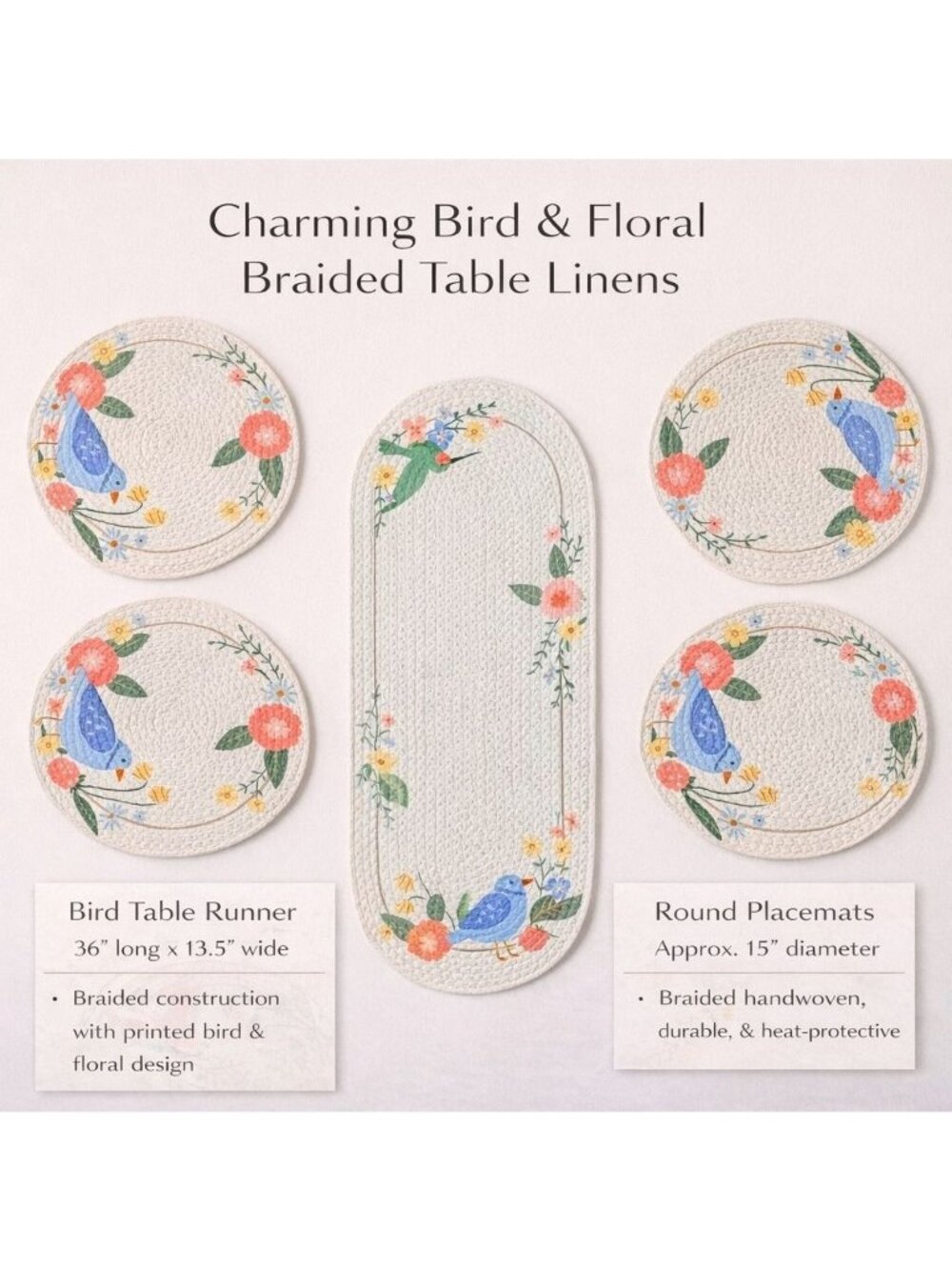 Spring Bird Floral Table Runner Placemats Set Braided Cottagecore Kitchen Dining